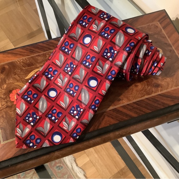 Ermenegildo Zegna Other - Ermenegildo Zegna Italian Silk Red and Blue Floral and Berry Geometric Pattern